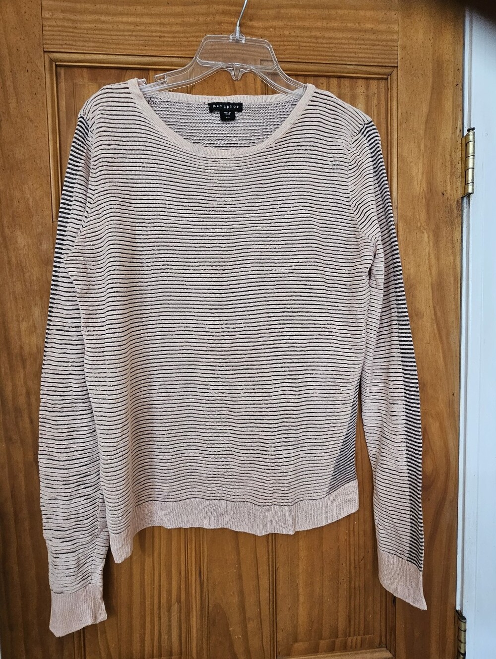 Metaphor Women's Beige & Black Striped Knit Sweater Top Size L Long Sleeve Light